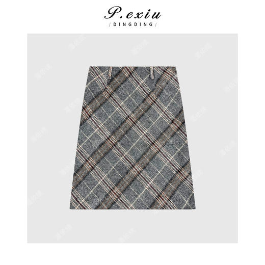 04-4潘依绣丁丁宠粉【咖啡下午茶】羊毛复古格纹A字毛呢半身裙 W-63483 商品图0