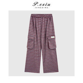 04-4潘依绣丁丁宠粉韩系撞色格纹工装风磨绒松紧腰阔腿休闲裤Q41635
