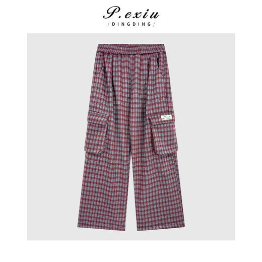 04-4潘依绣丁丁宠粉韩系撞色格纹工装风磨绒松紧腰阔腿休闲裤Q41635 商品图0