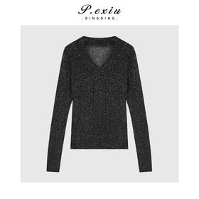 04-4潘依绣丁丁宠粉马海毛高级感细闪修身显瘦V领长袖针织上衣 Q13364