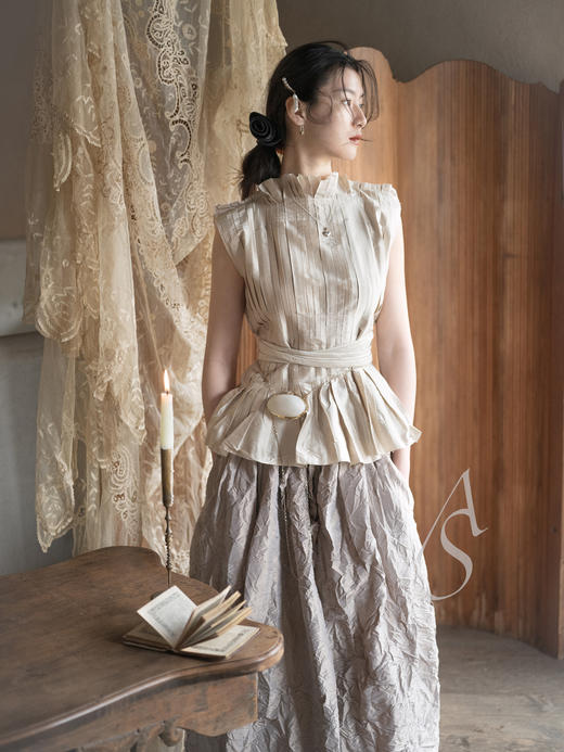 Daniela Gregis 26SS 珍珠灰真丝塔夫绸系带褶皱半裙 商品图1