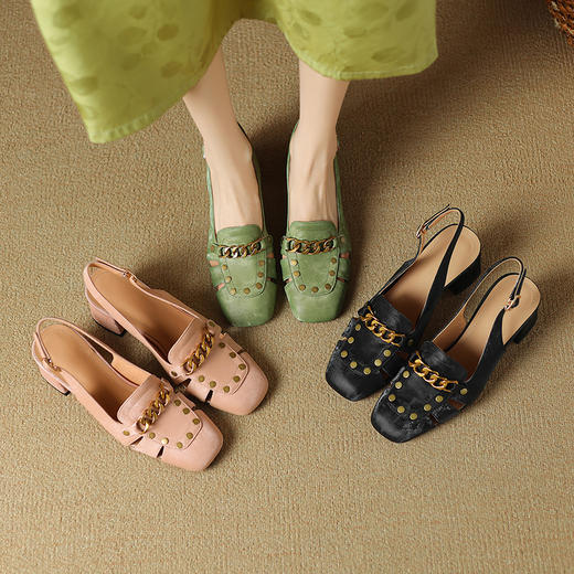 【预售5天】包头凉鞋新款粗跟百搭后空单鞋尖头浅口高跟鞋法式鞋子 商品图3