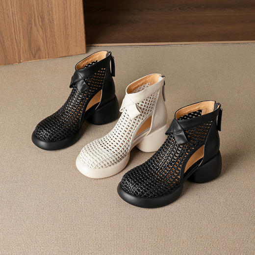 【预售5天】牛皮编织镂空凉靴女厚底网纱圆头粗跟马丁短靴夏季透气靴子168XY&1681528 商品图3