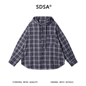 SDSA男装2026新款高贵轻奢简约撞色格子纽扣连帽长袖衬衫百搭舒适