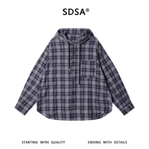 SDSA男装2026新款高贵轻奢简约撞色格子纽扣连帽长袖衬衫百搭舒适 商品图0