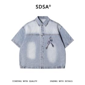 SDSA男装2026新款高贵轻奢工装风磨白印花牛仔短袖衬衫百搭时尚