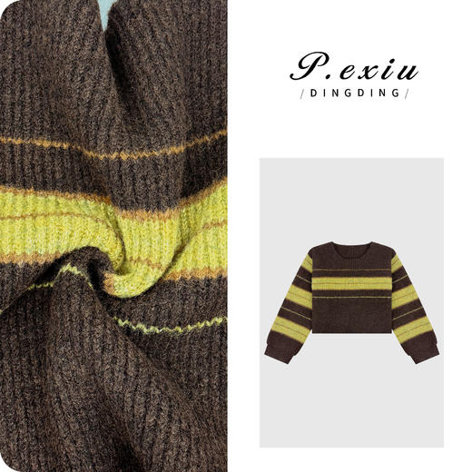 04-4潘依绣丁丁宠粉羊毛复古时髦撞色条纹短款宽松套头长袖针织毛衣L2765 商品图0