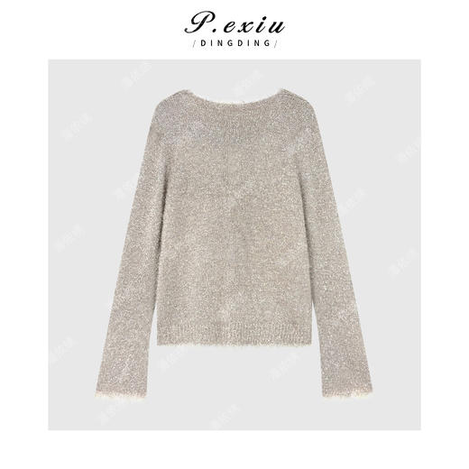 04-4潘依绣丁丁宠粉法式温柔慵懒风流苏毛绒软糯V领长袖针织上衣W-63700 商品图1