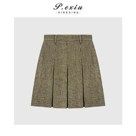04-4潘依绣丁丁宠粉羊毛复古撞色格纹压褶气质A字显瘦半身裙Q50164