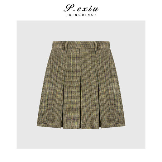 04-4潘依绣丁丁宠粉羊毛复古撞色格纹压褶气质A字显瘦半身裙Q50164 商品图0