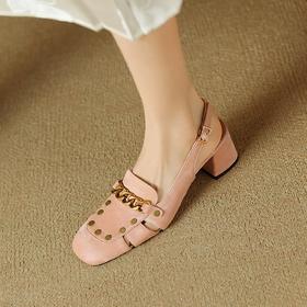 【预售5天】包头凉鞋新款粗跟百搭后空单鞋尖头浅口高跟鞋法式鞋子