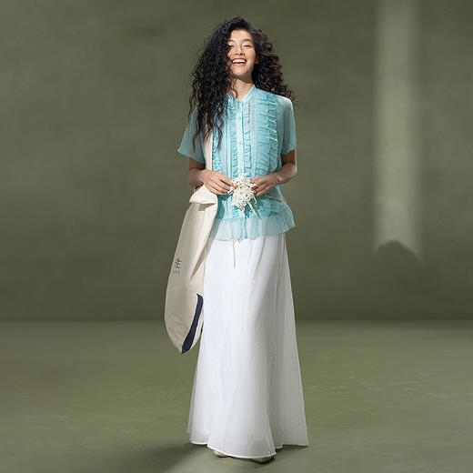 【林栖设计小店】荷影轻曳|苎麻优雅多色荷叶边夏新款花边衬衫上衣1962014 商品图9