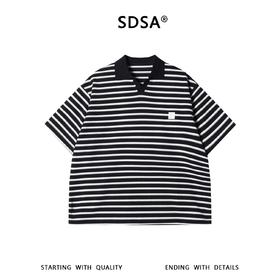 SDSA男装2026新款高贵轻奢宽松撞色条纹小V翻领短袖T恤百搭时尚