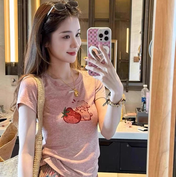 【莱塞尔草莓兔印花短袖】蜜桃粉显白显嫩 莱塞尔人鱼纱+定制蜜桃粉 显瘦显高的版型