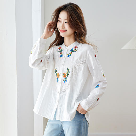 刺绣长袖全棉衬衫，轻奢减龄好看镂空立领上衣CC6223 商品图1