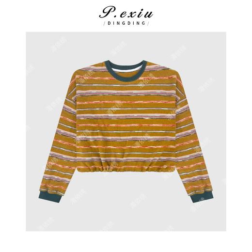 04-4潘依绣丁丁宠粉【色彩美学】羊毛绒感撞色条纹韩系减龄长袖T恤SH0135 商品图1