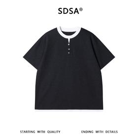 SDSA男装2026新款轻奢华夫格撞色边亨利领短袖T恤宽松肌理感上衣
