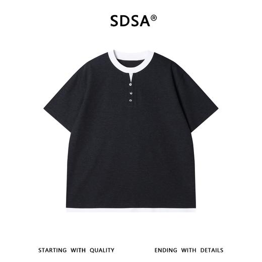 SDSA男装2026新款轻奢华夫格撞色边亨利领短袖T恤宽松肌理感上衣 商品图0