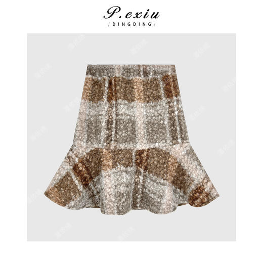 04-4潘依绣丁丁宠粉复古撞色格纹圈圈纱厚款显瘦鱼尾半身裙Q61498 商品图1