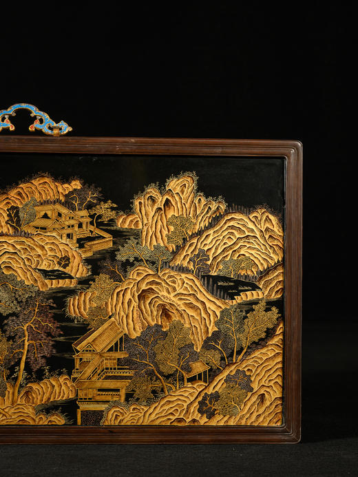 清	红木镶大漆描金山水楼台挂屏 商品图1