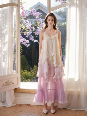 云间紫雾水晶纱层叠荷叶边A摆吊带连衣长裙