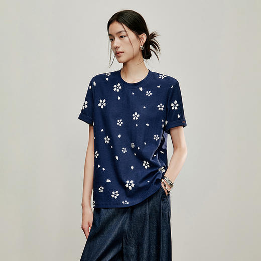 【林栖设计小店】落樱如画|藏青色纯棉复古传统印花夏新款T恤短袖1962085 商品图1