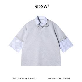 SDSA男装2026新款高贵轻奢假两件条纹拼接翻领小众设计感宽松短袖