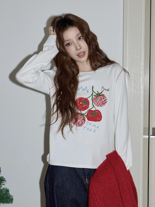 好事发生刺绣撞色明线纯棉长袖T恤 商品图1