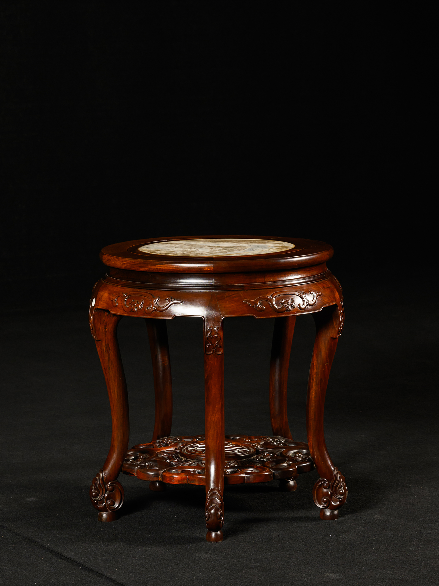 清	红木镶云石活面三弯腿五足圆台