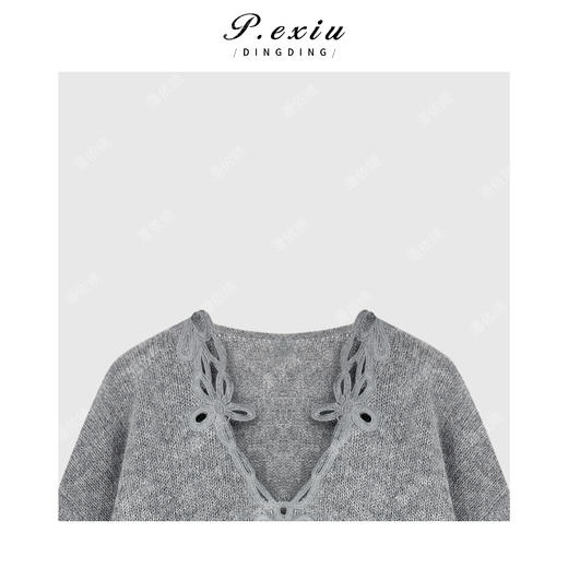 04-4潘依绣丁丁宠粉羊毛法式慵懒风镂空花边V领针织长袖上衣Q64782 商品图2