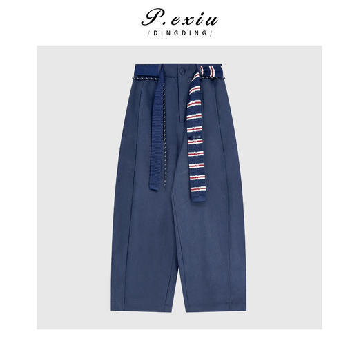 04-4潘依绣丁丁宠粉慵懒松弛宽松显瘦条纹腰带弯刀磨绒休闲裤Q64514 商品图0