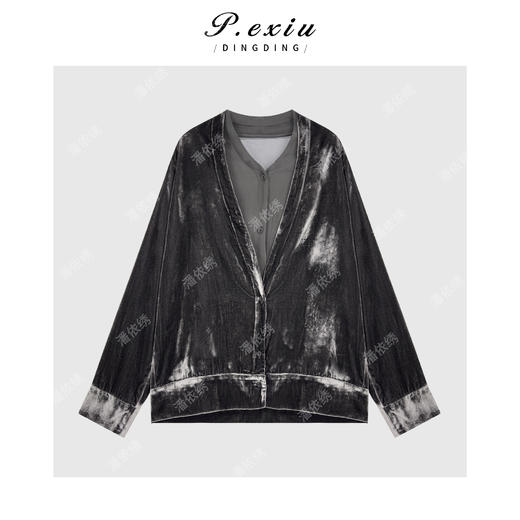 04-4潘依绣丁丁宠粉人丝丝绒拼接假两件光泽感气质长袖外套 W-63566 商品图1