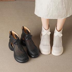 【预售5天】牛皮编织镂空凉靴女厚底网纱圆头粗跟马丁短靴夏季透气靴子168XY&1681528