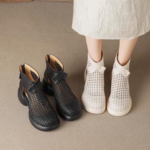 【预售5天】牛皮编织镂空凉靴女厚底网纱圆头粗跟马丁短靴夏季透气靴子168XY&1681528 商品图0