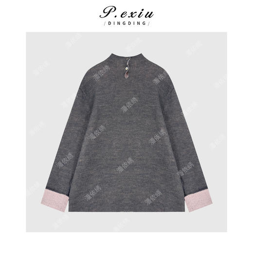 04-4潘依绣丁丁宠粉绵羊毛设计感撞色慵懒风软糯翻袖圆领针织上衣Q54214 商品图1