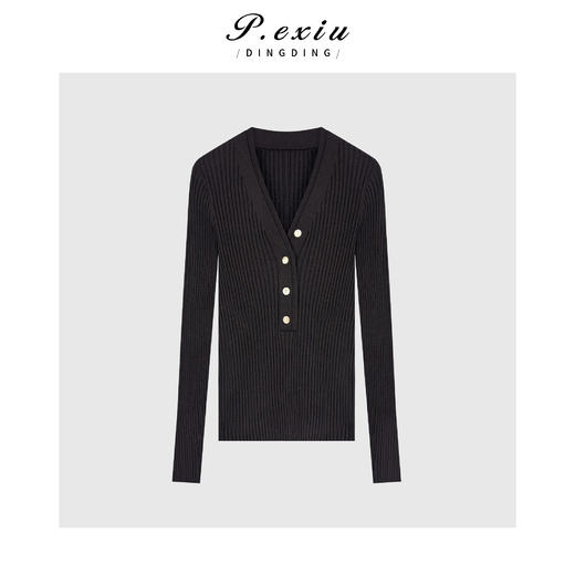04-4潘依绣丁丁宠粉气质竖坑条显瘦一排扣V领长袖针织上衣 Q84910 商品图0