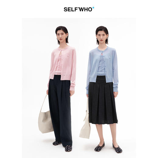 SELFWHO绵羊毛醋酸经典笑脸标针织开衫女2026夏新款圆领薄款毛衣 商品图1