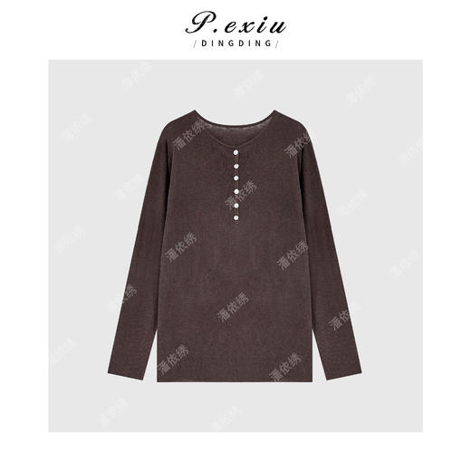 04-4潘依绣丁丁宠粉天丝亚麻慵懒风纽扣半开领针织长袖上衣 ZZ0980 商品图1
