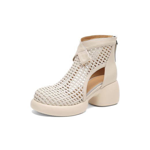 【预售5天】牛皮编织镂空凉靴女厚底网纱圆头粗跟马丁短靴夏季透气靴子168XY&1681528 商品图4