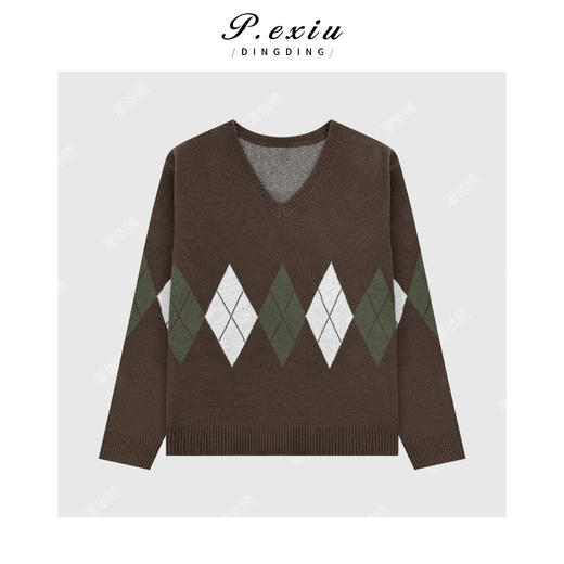 04-4潘依绣丁丁宠粉100%羊毛学院风菱格纹减龄松弛V领针织上衣Q23354 商品图0