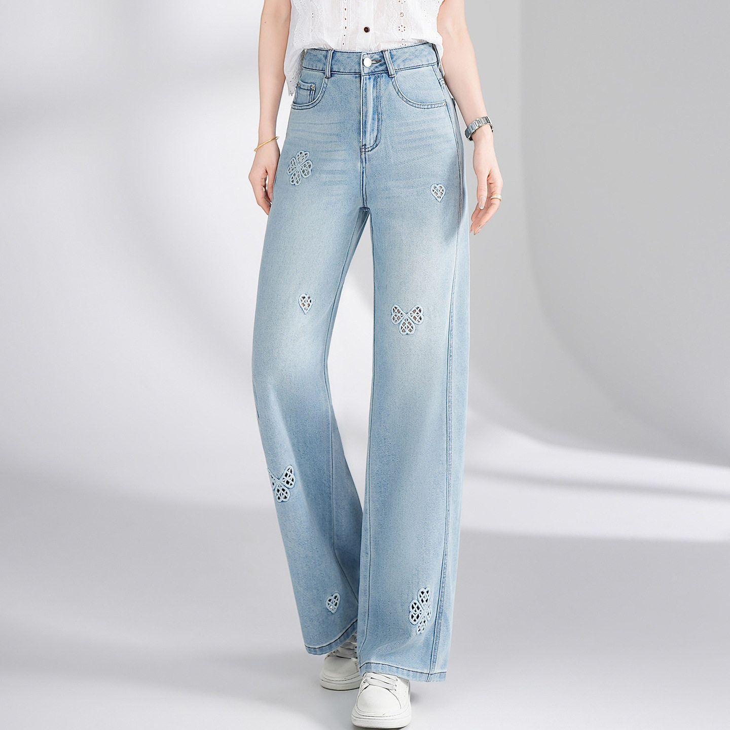 「自」全新升级【铂金会员183/天猫249/差价66】(11447)洛诗琳气质镂空刺绣牛仔裤女2026新款高腰显瘦窄版直筒裤