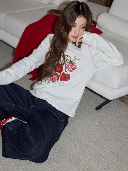 好事发生刺绣撞色明线纯棉长袖T恤 商品图9