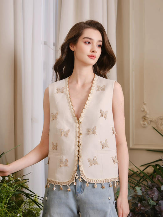 杏色立体蝴蝶重工定位无袖坎肩背心 商品图0