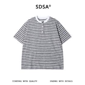 SDSA男装2026新款高贵轻奢美式撞色条纹半纽扣设计短袖T恤百搭潮