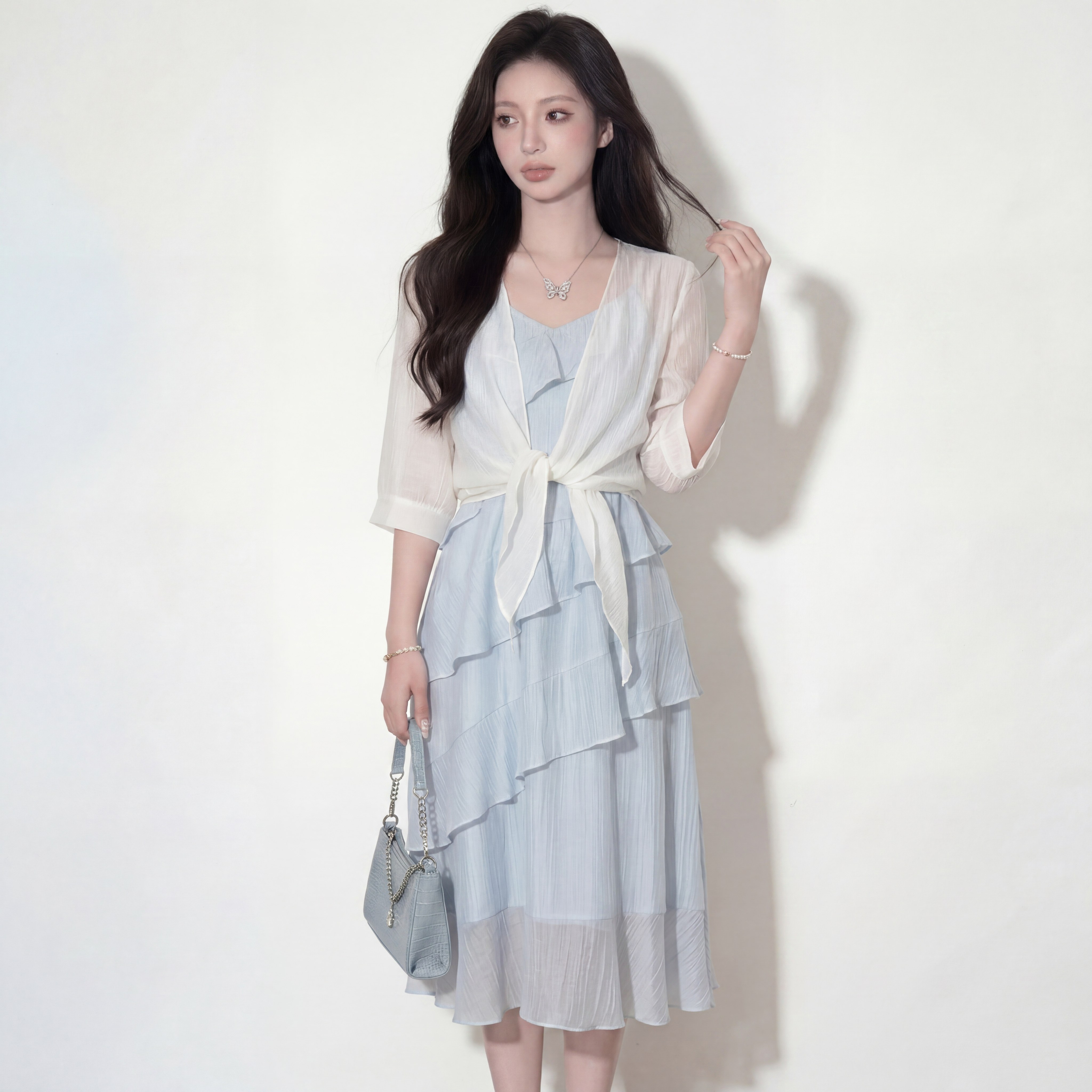 奢姿大码女装2026夏季蕾丝荷叶边吊带开衫两件套胖妹妹时尚套装9962972303