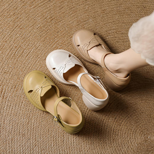 【预售5天】真皮粗跟凉鞋一字扣高跟鞋防水台包头新款春夏镂空米女鞋&1681211 商品图3