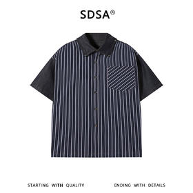 SDSA男装2026新款高贵轻奢牛仔拼接条纹短袖衬衫美式复古宽松衬衣