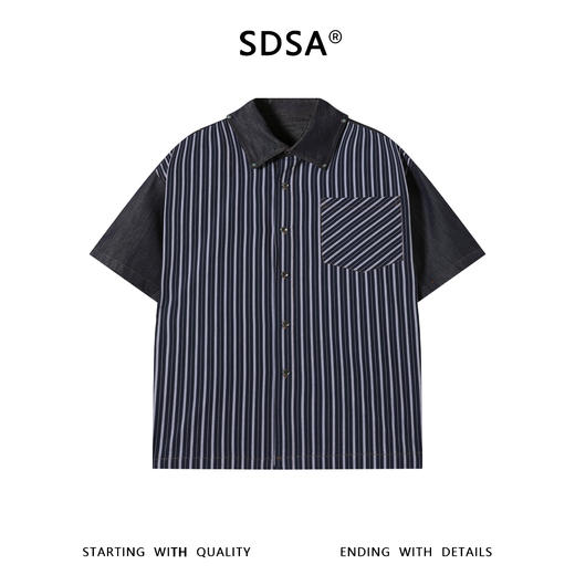 SDSA男装2026新款高贵轻奢牛仔拼接条纹短袖衬衫美式复古宽松衬衣 商品图0