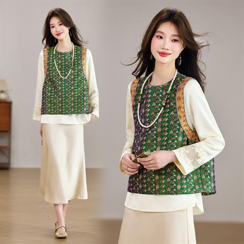 新中式减龄百搭圆领撞色马甲+刺绣衬衫打底两件套 商品图2