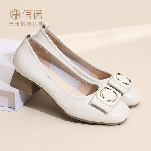 信诺女士单鞋真皮软底2026春秋新款粗跟舒适不累脚轻便透气妈妈鞋6C5009-53 商品图1